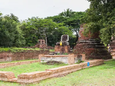 Ruins and a chedi among trees in the grounds of Wat Phra Si Sanphet