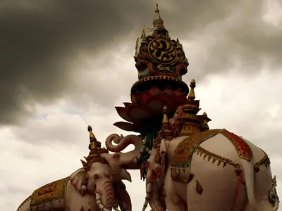 The Elephant Monument at Sanam Luang, Bangkok, against a stormy sky