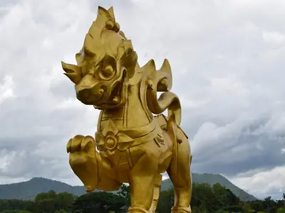 A golden singha statue at Singha Park in Chiang Rai, the venue of the Singha Park Chiang Rai International Balloon Fiesta