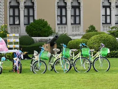Kleurrijke fietsen op een rij op het gras voor Government House op Kinderdag