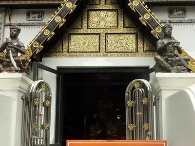 Steps and entrance of the City Pillar shrine at Wat Chedi Luang in Chiang Mai