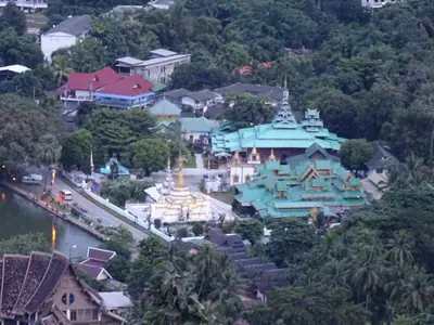 Aerial view of Wat Chong Klang and Wat Chong Kham among trees in Mae Hong Son