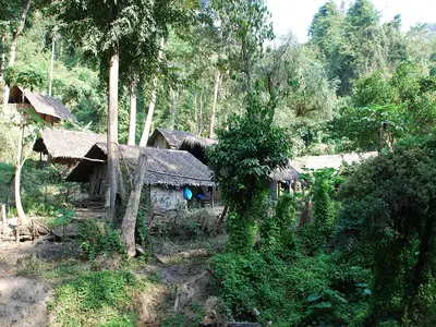 Thatched houses of a Lisu hill-tribe village near Chiang Dao in northern Thailand