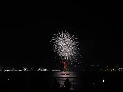 Fireworks above the bay at Pattaya with silhouettes of spectators (28 November 2020)