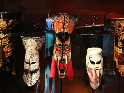 Phi Ta Khon ghost masks with big eyes and curved noses on display (2013)