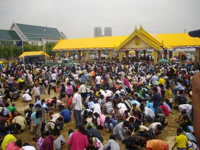A huge crowd rushes to gather the blessed rice seed scattered after the Royal Ploughing Ceremony (2009)