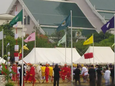 White tents and rows of coloured flags at the Royal Ploughing Ceremony grounds at Sanam Luang (2009)
