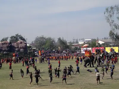 Elephants and costumed performers in the arena at the Surin Elephant Show (2009)