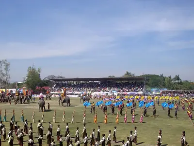 Line of elephants and performers in front of the grandstand at the Surin Elephant Show (2009)