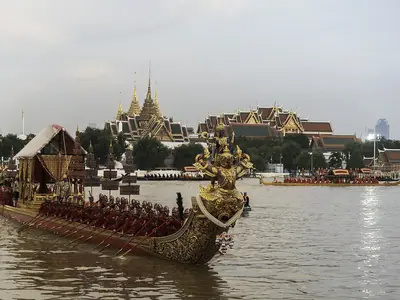 Royal barges lined up in front of the Grand Palace in Bangkok during the procession rehearsal (2024)