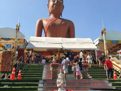 Naga staircase leading up to the large Buddha statue at Wat Bang Phra