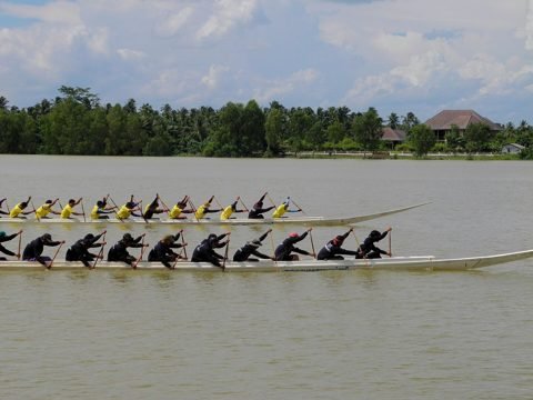 Traditionele Thaise langboot met veel roeiers tijdens een race op een rivier (Tapi, Surat Thani) - sfeerbeeld van dezelfde sport, niet Phichit zelf