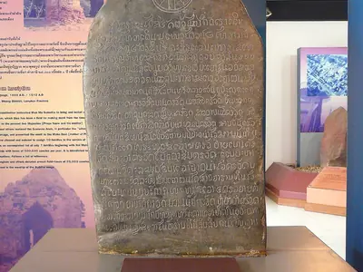 Hariphunchai National Museum, Lamphun, Thailand; Wat Ku Kut Inscription, Mon alphabet and language, 12th century., Wat Cham Devi, Lamphun