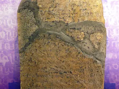 Hariphunchai National Museum, Lamphun, Thailand; Wat Ku Kut Inscription, Mon alphabet and language, 12th century., Wat Cham Devi, Lamphun