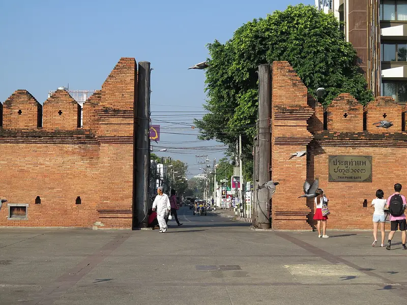 The eastern gate of the walled city center. Photographed from the outside (east) looking in (west). Chiang Mai, Thailand.