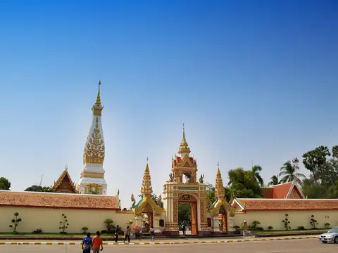 White and gold stupa above the temple grounds, Wat Phra That Phanom