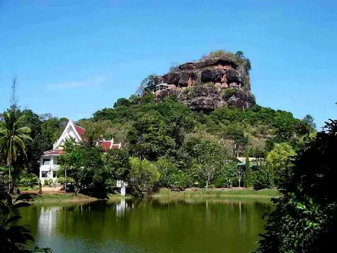 Sandstone outcrop above a pond, Wat Phu Tok
