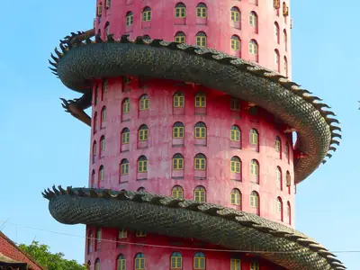 Dragon wrapped around the tower, Wat Samphran